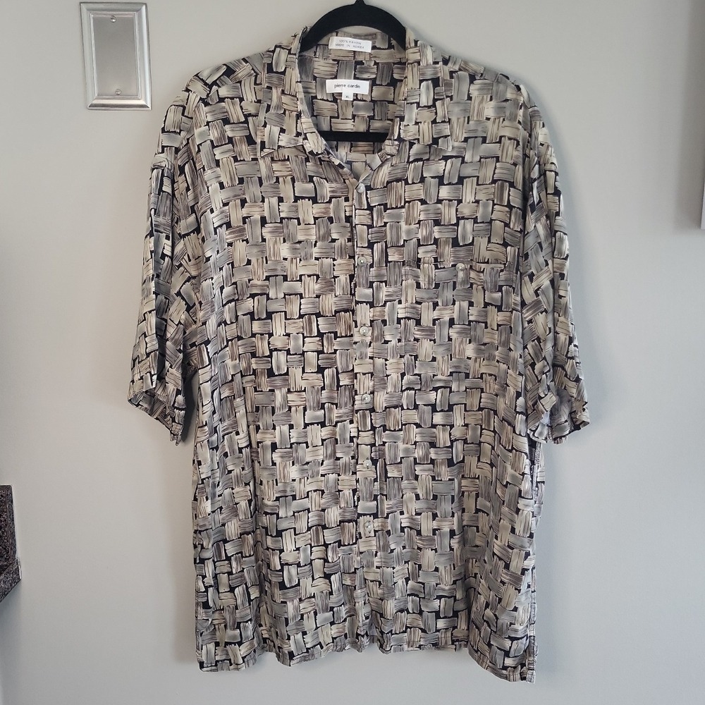VINTAGE Pierre Cardin Green Black Basketweave Short Sleeve XL Men's Shirt